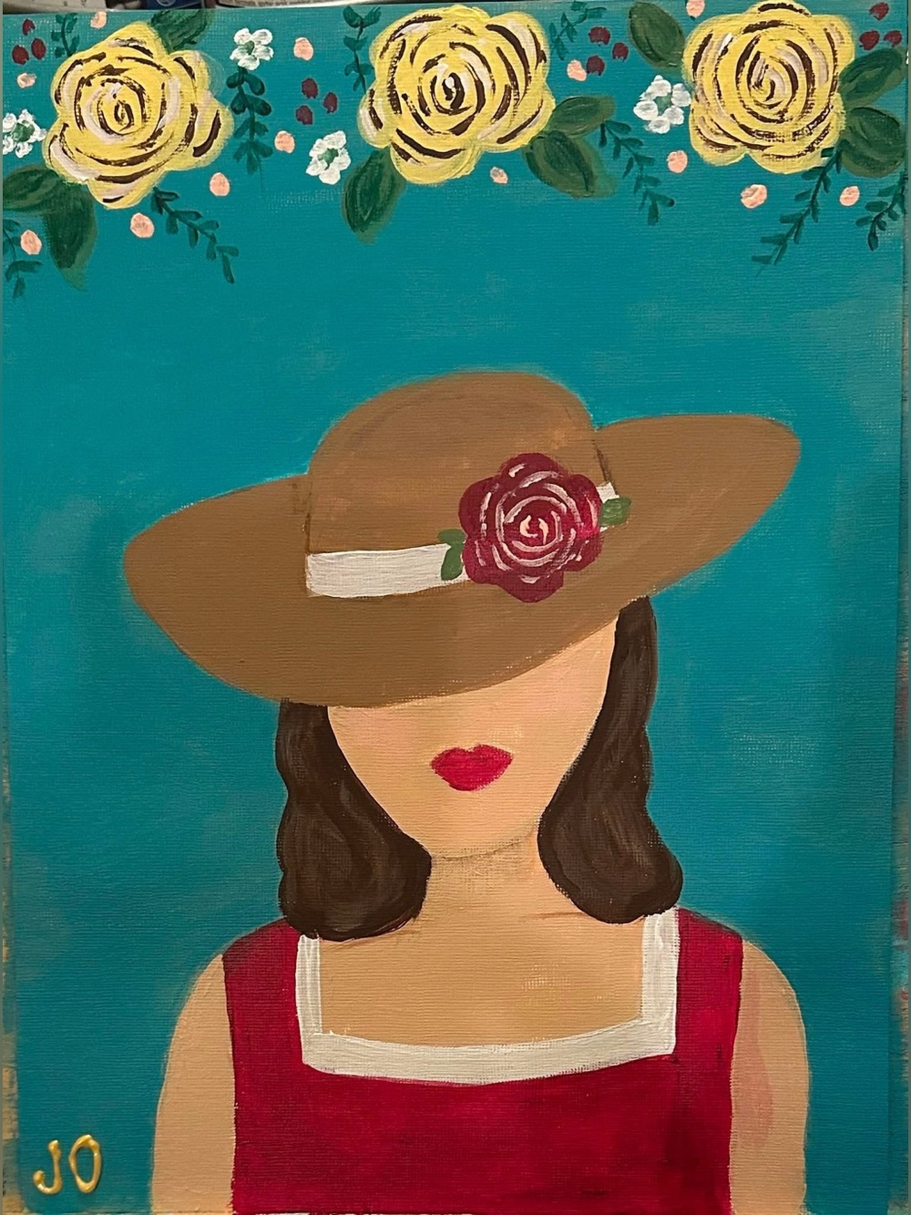 Teal Painting of Woman in Brown Hat with Red Rose Accent